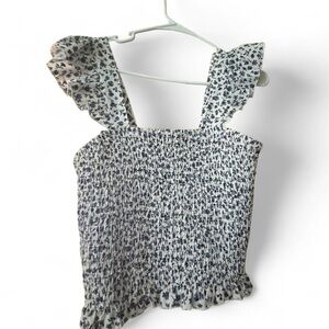 Blush White & Navy Smocked Floral Ruffle Camisole